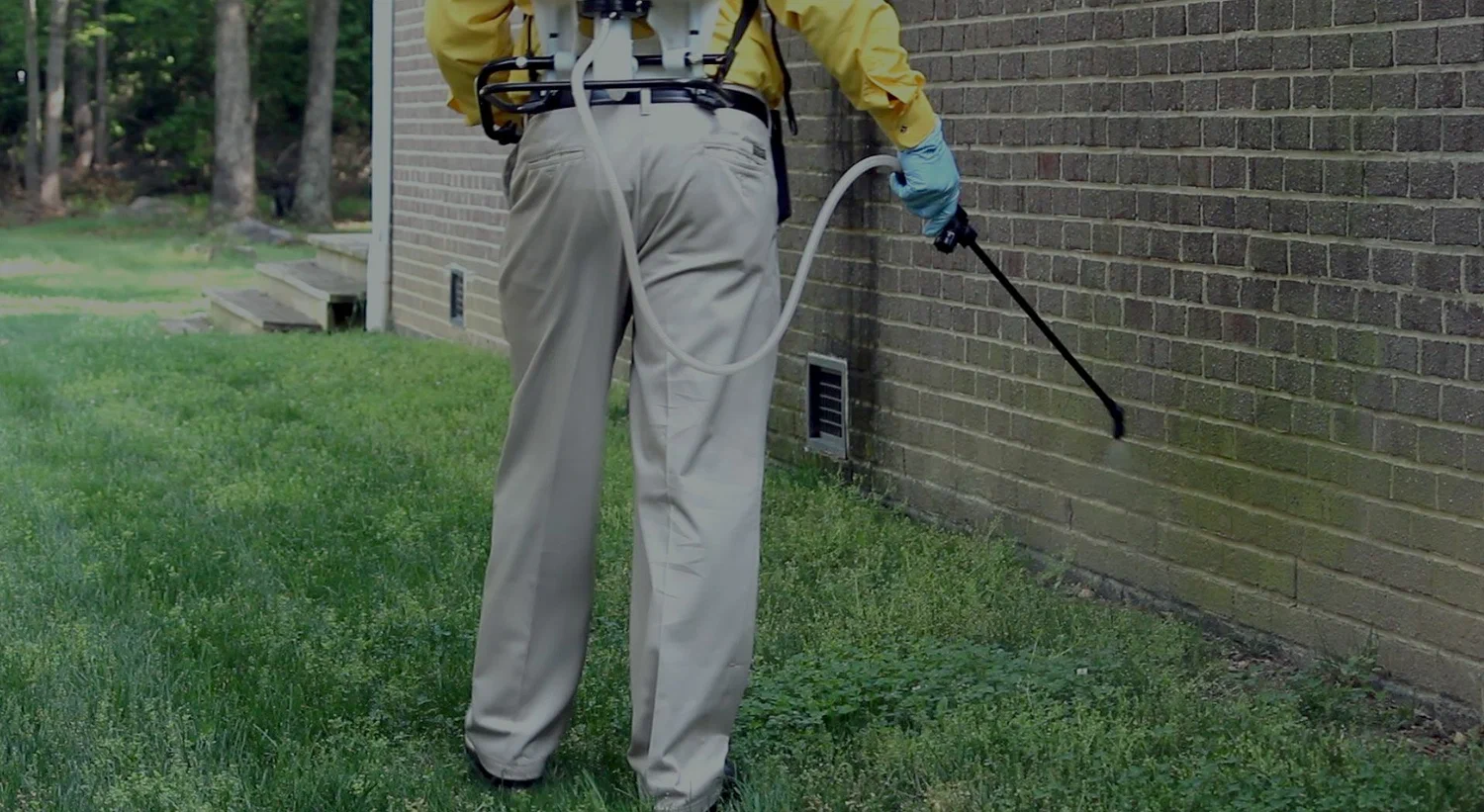 Worker spraying pesticide near building wall
